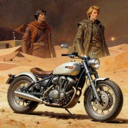 moebius and ralph mcquarrie style retro motorbike motorcycle futuristic sci - fi technical illustration, painting, star wars dune, the incal