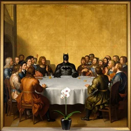 renaissance painting of crowd having a discussion with batman in the middle of a round table, one white orchid in vase above a fireplace at the edge of the painting, golden ratio, rule of third
