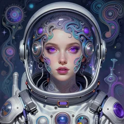 Psychedelic Portrait of very very very very very very beautiful woman, spacesuit, purple eyes, intricate, elegant, highly detailed, trippy, dmt, digital painting, artstation, concept art, smooth, sharp focus, illustration, art by artgerm and greg rutkowski and alphonse mucha
