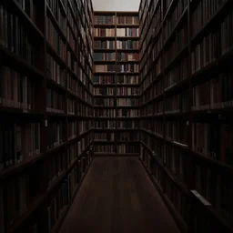 picture of a liminal space, poor visibility, large library, enclosed, dark