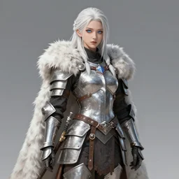 beautiful semi realistic anime portrait of a gorgeous female barbarian with white hair, pale blue eyes, looking at camera, D&D, fur cape, full body plated armor, long wild spiky hair, cocky smirk, intricate outfit, elegant, stylish, fantasy, dark fantasy, epic fantasy, extremely detailed, digital painting, artstation, concept art, HD, 8k, smooth, sharp focus, illustration, stunning lighting, art by artgerm and Krenz Cushart and Yoshitaka Amano and Frank Frazetta, fully clothed, fully dressed