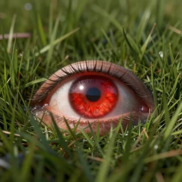 shining red eye implant lying in the grass, unreal engine octane render, 8k, high details