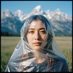 a color photograph, closeup portrait of a woman wrapped in plastic, in grand teton national park in wyoming, color photograph, by vincent desiderio, canon eos c 3 0 0, ƒ 1. 8, 3 5 mm, 8 k, medium - format print