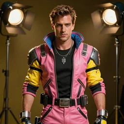 cyberpunk photorealistic character, tech wear outfit, wearables, actor, dramatic arts, theater, handsome, similar to young george clooney, pink and yellow, edgy, piercing, awe inspiring, artstation hd, 8 k, detailed, intricate, ornate, studio lights, golden ratio, masterpiece