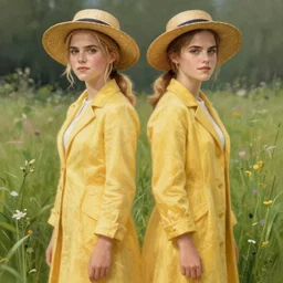 anya taylor - joy emma watson, symmetrical front view, blond ponytail, straw hat, full body shot, yellow coat, meadow background, highly detailed, digital painting, artstation, concept art, sharp focus, illustration, art by aleksi briclot, raphael lacoste, magali villeneuve