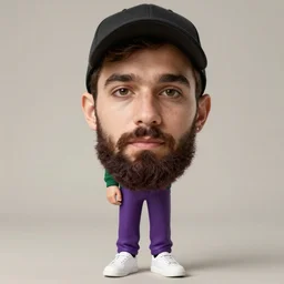 a young man with a chin - style dark brown beard without mustache in a dark black cap, green turtleneck, purple pants and super white sneakers in full height, perfect face, without mustache, mark vanderloo face, photography masterpiece