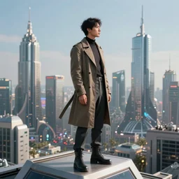 masculine man dressed in stylish futuristic clothing, standing on the top of building overseeing the city skyline of a futuristic solarpunk city, hyper - realistic 4 k - hd profile picture photo