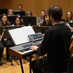 behind a conductor that conducts a small orchestra of synthesizers