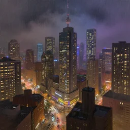 top digital painting of rainy downtown toronto at night. intense colourful foggy atmosphere and intricate reflective complex tall buildings. thorough details, intricate, artstation, atmosphere, highly detailed, craig mullins, james jean, digital painting, deviantart, cinematic lighting, busy!!!
