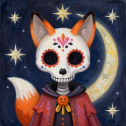 a dia de los muertos themed fox skull character, themed on the stars and moon, painting by jeff easley