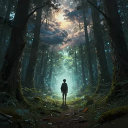 ethereal mystery portal, seen by wanderer boy in middle of woods, greg rutkowski art, trending on artstation, artgerm, cgsociety, unreal engine, very smooth, high detail, 4 k, concept art, brush strokes, volumetric lighting, lighting refraction, pixiv art, sharp focus, raging dynamic sky, heavens