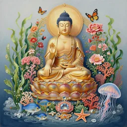 hyperrealistic detailed painting of an oriental temple full of buddhas, with flowers, butterflies, corals, sea kelp, sea plants, fish, starfish, jellyfish, diamonds, filaments, golden filigree, neon lights, art by ernst haeckel, john william godward, hammershøi, alphons mucha, pontormo, ornamental, decorative, art nouveau wallpaper, lights by hopper, pastel deep colours,