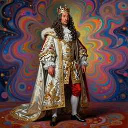 beautiful oil painting, full length portrait of Dwayne the rock Johnson as Louis xiv in coronation robes 1701, Dan Mumford, Dan Mumford, Alex grey, highly detailed , dmt fractal patterns, hallucinogen, visionary art, psychedelic art, ornate, vaporwave