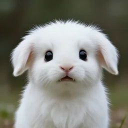 innocent-eyed fantasy creature with pure white fur coat, floppy ears, and cute little fangs