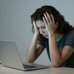 sad person arguing with a laptop, stock image