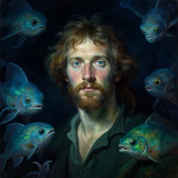 an underwater close - up renaissance portrait of a fisherman surrounded by alien sea creatures. deep blue and green tones. night time. gloomy dark black background. highly detailed fantasy science fiction portrait painting by norman rockwell, moebius, frank frazetta, and syd mead. rich colors, high contrast. artstation
