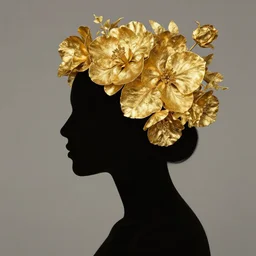 silhouette of a womans head made out of gold with flowers on her head. artwork. surrealism.