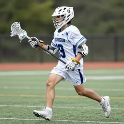 lacrosse player, soccer field, cascade helmet, realistic, running, very detailed, 8k, high resolution, ultra realistic, no grain, symmetry, normal proportions, sports illustrated style, Cascade XRS Custom Lacrosse Helmet, brine lacrosse stick, Brine Lacrosse King V Gloves, normal feet, Nike Alpha Huarache 7 Elite, STX Surgeon 700 Lacrosse Arm Guards