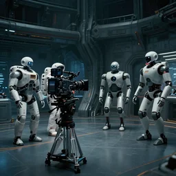vfx film, behind the scenes, on set, set design, making of, big film production, camera filming futuristic astronaut standoff with spacex humanoid robots, high tech space ship interior, flat color profile low - key lighting award winning photography arri alexa cinematography, hyper real photorealistic cinematic, atmospheric cool colorgrade