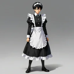 full body concept art of Levi Ackerman, south Korean male, wearing a black and white maid dress, short, short hair, pointy nose, annoyed. elegant. highly detailed, digital painting, artstation, concept art, smooth, sharp, focus, illustration. art by artgerm and greg rutkowski alphonse mucha and Marat Safin