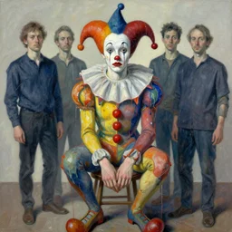 portrait of a nervous harlequin sitting on a stool, by vincent lefevre and hernan bas and pat steir and hilma af klint, psychological, photorealistic, symmetrical face, dripping paint, washy brush, threads, rendered in octane, altermodern, masterpiece