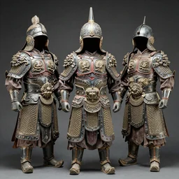a set of battle armor and helmet in tang dynasty of china, ancient, fine pattern carving, by bouguereau