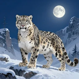Snow leopard on a beautiful fantasy landscape, mountainside, winter, moonlit, HD, illustration, epic, D&D, fantasy, intricate, elegant, highly detailed, digital painting, artstation, concept art, smooth, sharp focus, illustration, wallpaper, art by artgerm and greg rutkowski and alphonse mucha and jin xiaodi