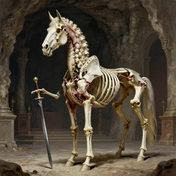 A spiked horse skeleton with armored joints stands in a large cavernous throne room with halberd in hand. Massive shoulderplates. Extremely high detail, realistic, fantasy art, solo, masterpiece, bones, ripped flesh, saturated colors, art by Zdzisław Beksiński, Arthur Rackham, Dariusz Zawadzki