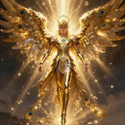 beautiful full body male angel with peacock feathers ,golden armor, shining light, gems, god rays by Karol Bak, Ayami Kojima, Amano