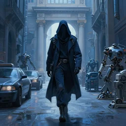 hyperrealistic and beautiful painting of a shrouded man walking through the alley way of a grand city, classical architecture, man dressed in tech wear, technological lights, vehicles, robotics, cyberpunk style, 8 k resolution, by hugh ferris and john smith and noriyoshi ohrai, polished, fine detail, intricate, blue color scheme, concept art, artstation