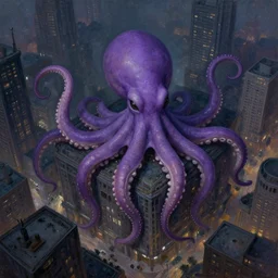 aerial!!!! view looking down on a giant purple octopus monster moving through!!! buildings in a dark, dim, detailed city, extremely detailed!!! oil painting, dull palette, dramatic lighting, trending on artstation