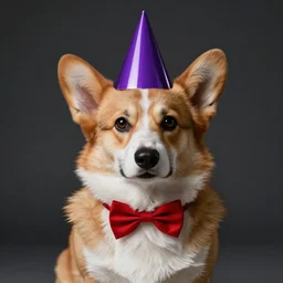 corgi wearing purple party hat and red bowtie, cinematic, dramatic, photography, ultra - hd