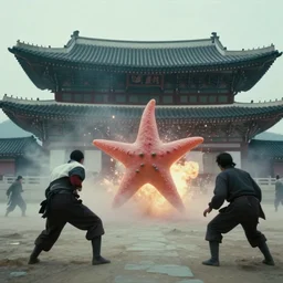 a filmstill of a north korean monster movie, kaiju - eiga monster starfish - like trampling a traditional korean palace, foggy, film noir, urban epic battle, etheral, explosions, communist starfish, thriller, by akira kurosawa and wachowskis, video compression