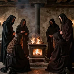 robed cultists surround a stove