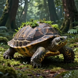 a humongous turtle, forest growing on its shell