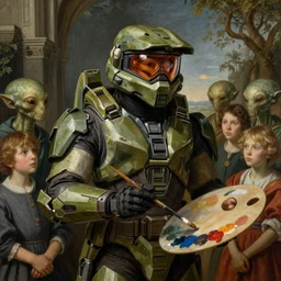 “a very detailed baroque renaissance painting of Master Chief from Halo holding a paint palette and paint brush, in front of a class of attentive young aliens students. In the style of Hieronymus Bosch”
