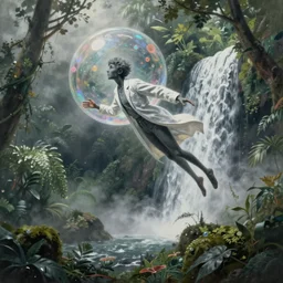 hyperrealist painting of a skinny grey scientist flying out a bubble in the sky in a waterfall from howl's moving castle ( 2 0 0 4 ) jungle. moody, misty, depth perception.