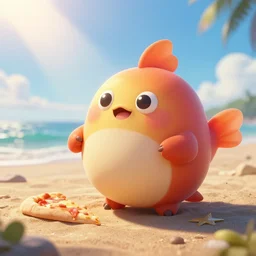 beautiful digital fantasy illustration of a pizza blobfish on the beach, cinematic, hyperrealism, hyper realistic render, ultra detailed, octane, 3 d, light shining through, by petros afshar and chiho aoshima, smooth, sharp focus, illustration