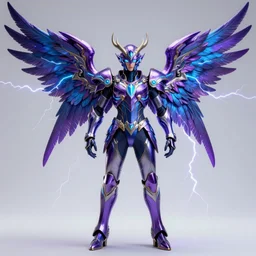 cinematic lightning in photo of realistic archangel with 6 wings, full body, intricate and ornate purple and blue neon armor, trending on artstation, 4 k, hyperrealistic, high details, unreal engine 5