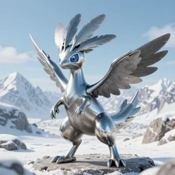 a beautiful steel type pokemon, flawless feathers bursting out of his hair, full body shot, highly detailed digital art, 3 d perspective, award - winning illustration, aesthetic, smooth, pokemon style, made by greg rutkowski, with snowy mountain landscape in the background