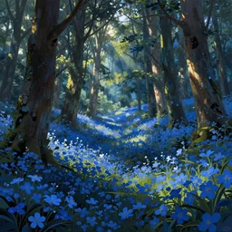 forest with flowers blue, Digital Matte Illustration by asher brown durand and james gurney vivid color