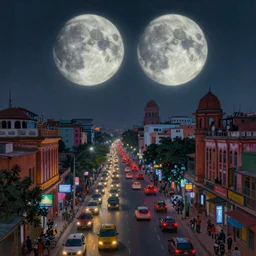 dieselpunk dhaka city under twin moons, Dhaka traffic, Old Dhaka, Bangladesh, realistic painting, classical painting, high definition, digital art, matte painting, vibrant, mystical, fantasy art, very detailed, realistic