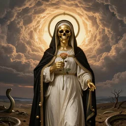 rembrandt style. golden metalic female with skull face, wearing white and black virgin mary robe with an aureola made of gold and pearls over the head, holding a rose in a hand, with warm backlight behind a whirlpool of clouds forming acircular background. sunset light. beneath there's a barren land with serpents. apocalyptic. low angle.