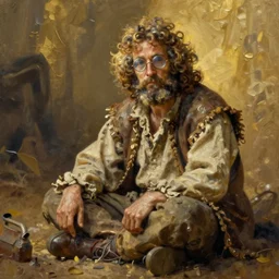 greg manchess oil matte painting, squire with curly hair and round glasses wearing rags sitting in the dirt, fantasy, wonderful masterpiece highly detailed, scifi, beautiful cinematic light deep focus, elegant, digital painting, smooth, sharp focus, golden ratio, dramatic illumination, ultra realistic, 4 k, art by greg rutkowski wlop rossdraws