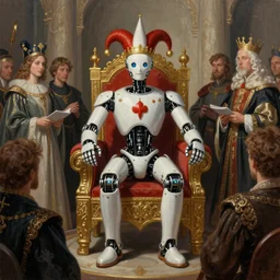 Court jester artificial intelligence robot  surrounded by crowd, next to the king's throne, futuristic, oil on canvas, digital painting, artstation, concept art, smooth, sharp focus, illustration, artstation trending, perfect composition, golden ratio, beautiful detailed, cinematic, hyper realism, high detail, octane render, 8k, greg rutkowski very coherent symmetrical artwork
