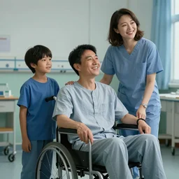 a male patient in a wheelchair in the hospital with his wife and son standing by. happy, cheerful, smiling, intricate, sharp focus, artstation, cinematic lighting, 8 k, art by greg rutkowski