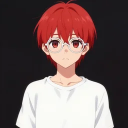 full body anime portrait of a cool emo round eyes red hair white glasses dressed in a lab coat cinematic highly detailed 4 k neon background glass crack
