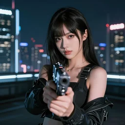 photographic portrait of a techwear woman holding a gun closeup on the rooftop of a futuristic city at night sigma 8 5 mm f 1. 4 4 k depth of field