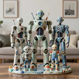 ceramic toy living room of cyberpunk robot family, diorama, dof, zeiss lens, detailed, centered, fashion photoshoot, by nicoletta ceccoli, mark ryden, lostfish, artgerm and beeple, shiny, breathtaking, 8 k resolution, extremely detailed, beautiful, artistic, hyper realistic, octane render, - h 8 0 4