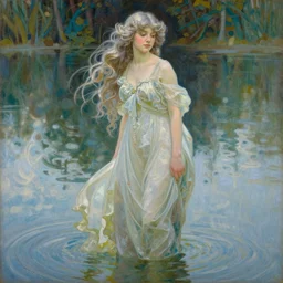 beautiful oil painting full body portrait of fairy princess soft skin silver hair looking at the water by Alphonse mucha and Noah Bradley